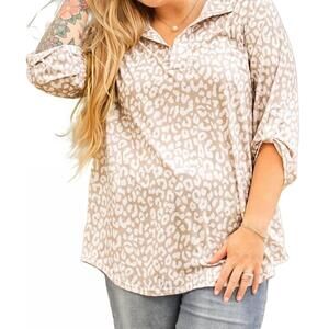 NEW DEAR LOVER apricot leopard vneck plus size top in white